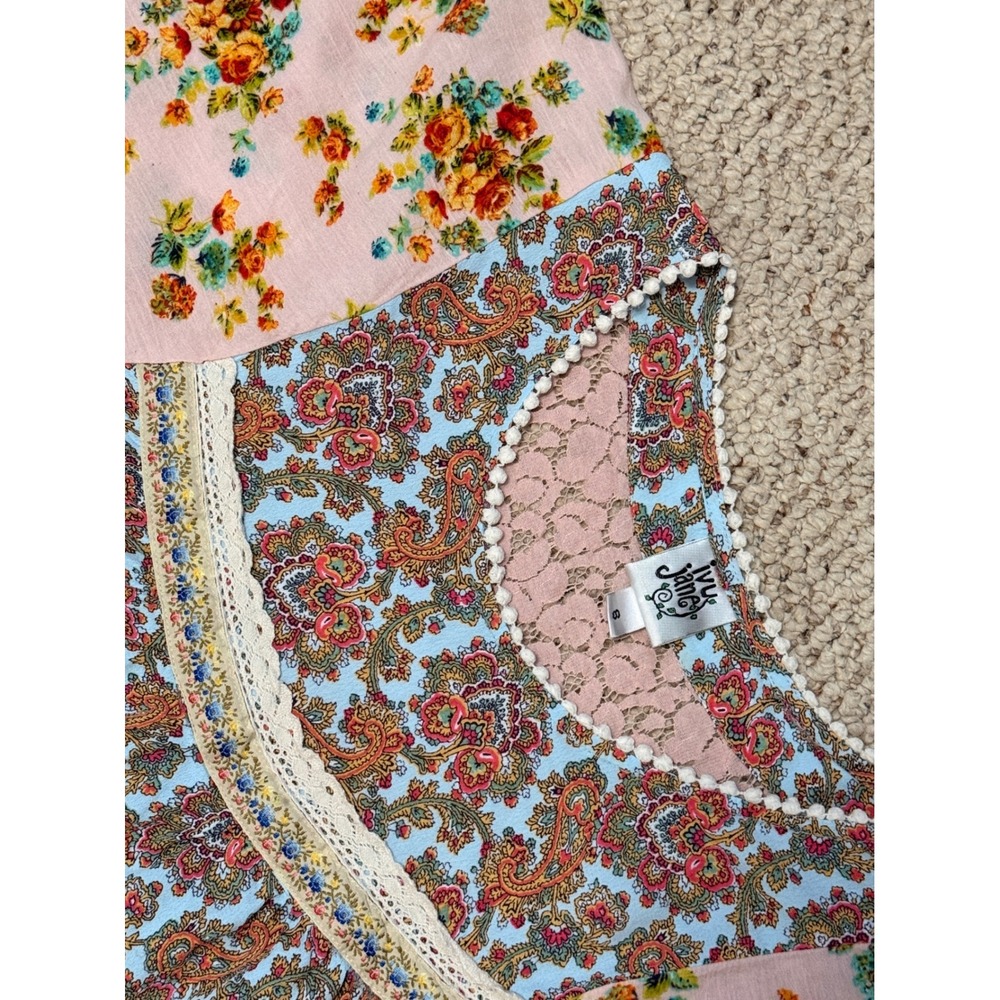 Boho Floral Paisley Babydoll Blouse Pink Blue Lace Flutter Sleeve Ivy Jane S - Picture 7 of 7